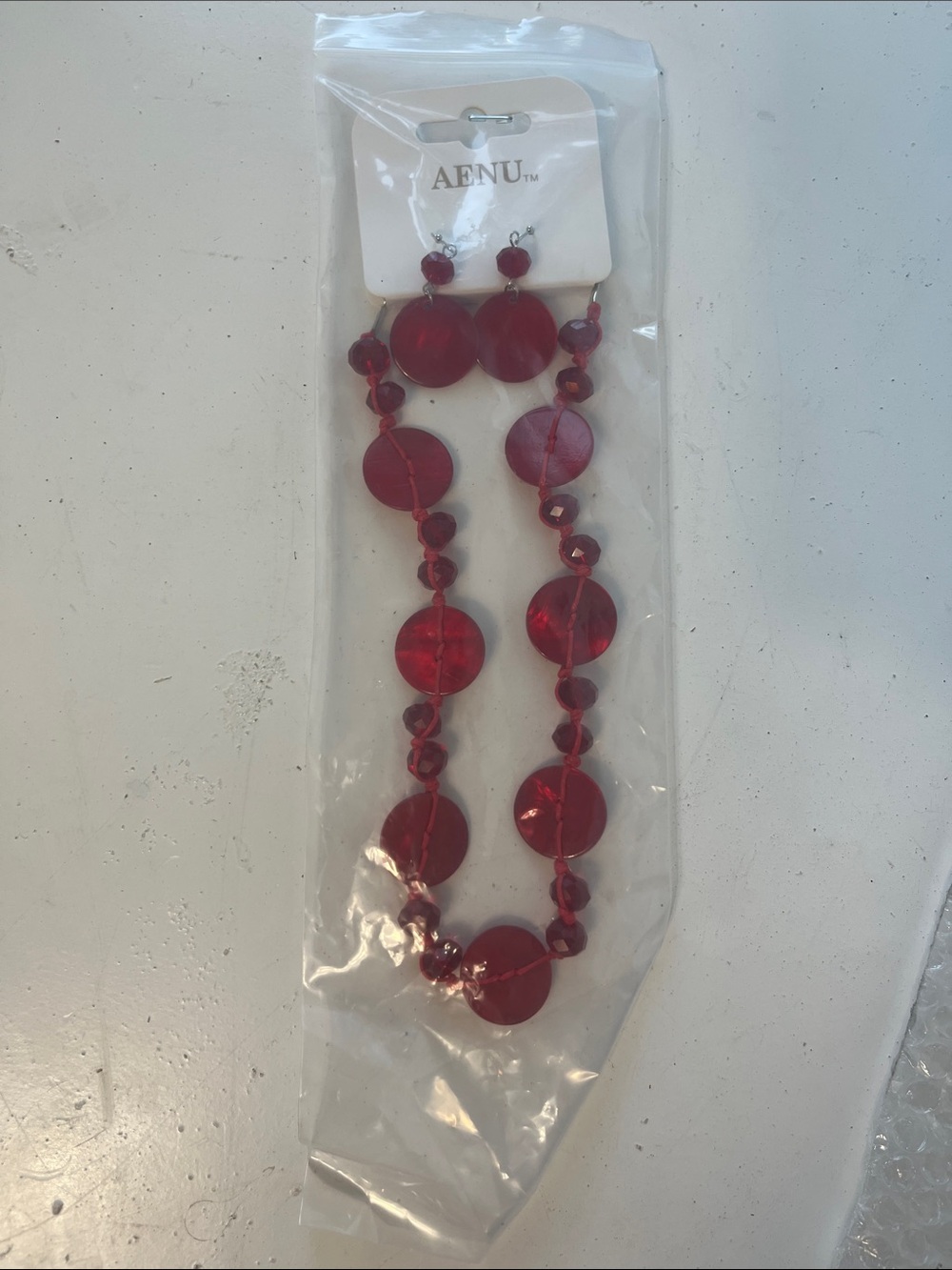 Aenu Fashion Chunky Beads Knitted Red Necklace Earring Set NWT